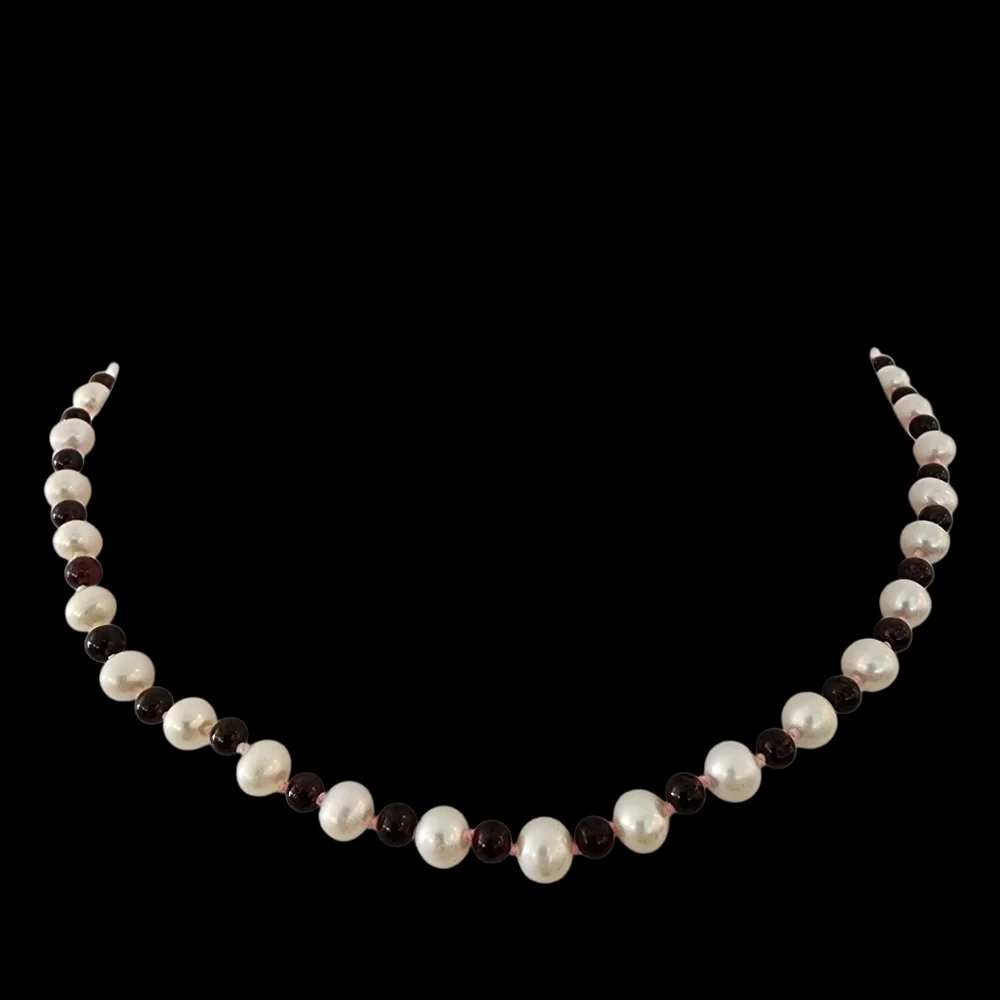 Necklace and bracelet genuine pearls 925 sterling silver garnet hand knotted